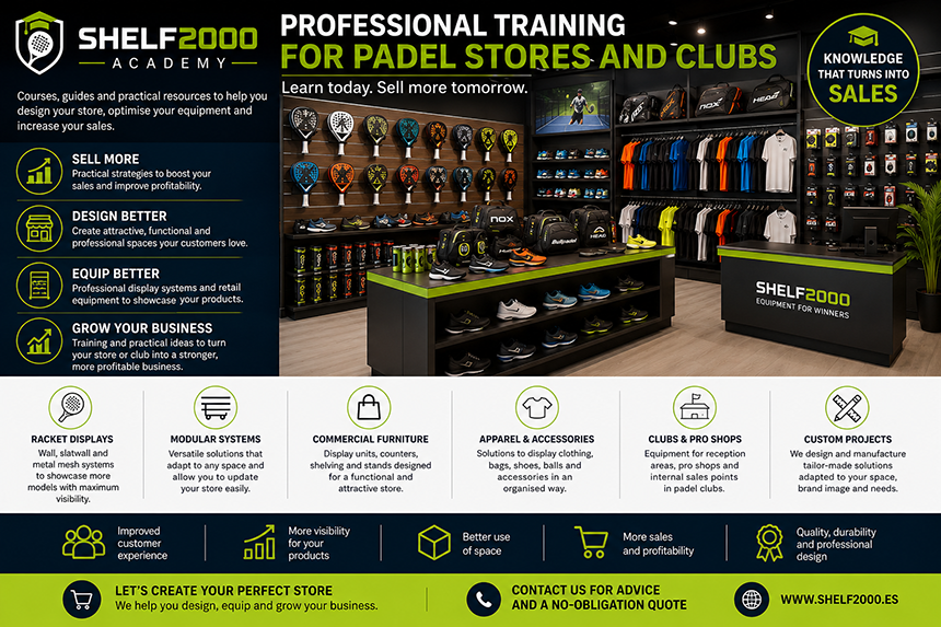 Equipamento profissional para lojas e clubes de padel com expositores para raquetes, mobiliário comercial e soluções de merchandising Shelf2000